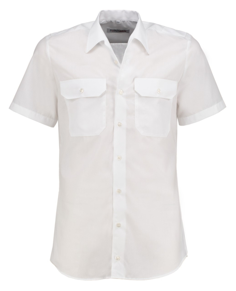 Zu sehen ist ein weißes tailliert geschnittenes kurzarm Diensthemd aus 100% Baumwolle.